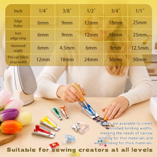 5 Sizes Bias Tape Makers Kit, 1/4" 3/8" 1/2" 3/4" 1" DIY Quilting Tools Kit - color: 5 Colors