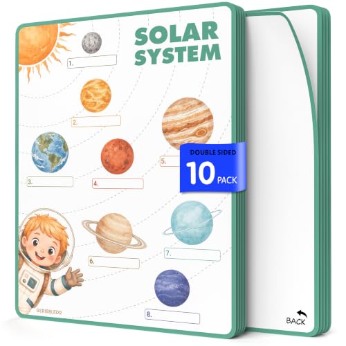 Scribbledo Solar System Dry Erase Sheets Pack of 10, 9x12 Inch 8 Planets Labeling Worksheet Blank Side for Drawing Reusable Space Science Activity for Classroom & Homeschool
