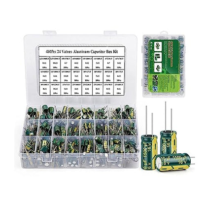 460Pcs 24 Types Electrolytic Capacitor Kit Inline Aluminum 6.3V-50V Green
