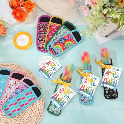 24 Sets End of Year Gifts for Students Bulk Summer Ice Pop Sleeves Reusable Colorful Freezer Ice Pop Holders Bags Cool Summer Cards Ribbons School Grad Birthday Beach Pool Party Favors - style: Tropical