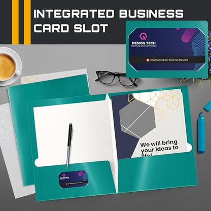 2 Pocket Glossy Laminated Paper FOLDERS Portfolio Letter Size, Teal, 25PK - color: Teal