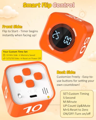 Digital Pomodoro Timer Cube 5/10/25/50min Preset, Silent & Sound Alarm - color: Orange
