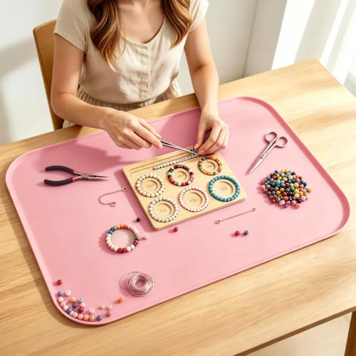 Silicone Mat with Edge for Bead Board: 28" x 20" Craft Mat with Raised Side - color: Pink, size: 28"L x 20"W