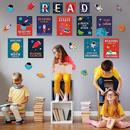 Outus 23 Pcs Reading Bulletin Board Decorations, Outer Space Read Posters