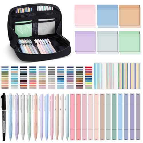 135 Pcs Book Annotation Kit Aesthetic Pencil Case Bag 12 Highlighter 11 Gel Pen 1 Marker 300 Sheet Transparent Sticky Notes Pad 2640 Index Stickers Bible Study Supplies(Kawaii,Black) - color: Black, style: Kawaii