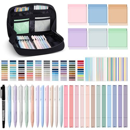 135 Pcs Book Annotation Kit Aesthetic Pencil Case Bag 12 Highlighter 11 Gel Pen 1 Marker 300 Sheet Transparent Sticky Notes Pad 2640 Index Stickers Bible Study Supplies(Kawaii,Black) - color: Black, style: Kawaii