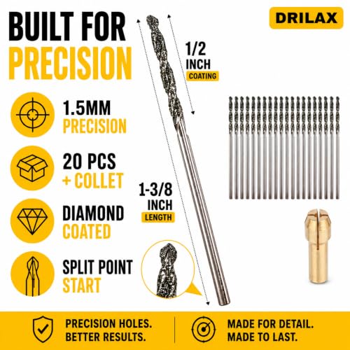 Drilax Diamond Drill Bits 20-Pc 1.5mm Compatible with Dremel Bits - size: 1.5mm