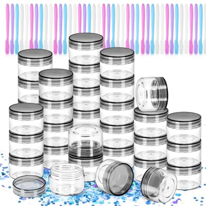 40 PCS 15g Empty Plastic Containers with Black Lids,Small Makeup Sample Containers,0.5oz Small Sample Pot Jars Round Travel Cosmetic Jars with Spatulas for Liquid Powder Cream Lotion - color: Black, size: 15g