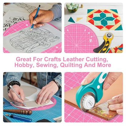 Headley Tools 10"x10" Round Rotating Cutting Mat, Self Healing Mat with 360-Degree Rotation & Anti-Slip Base, Sewing Board Cutting Mat Perfect for Fabric Quilting Leather Hobby Project, Pink - color: Pink, size: 10"L x 10"W