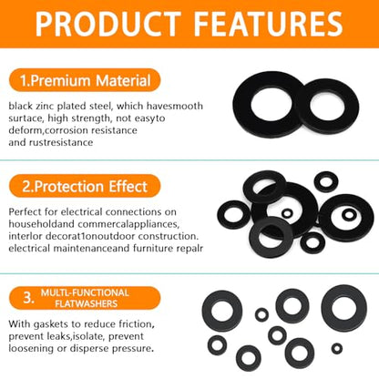 1100Pcs 9 Sizes M2-M12 Black Flat Washers for Screws & Bolts - color: Black-M2/2.5/3/4/5/6/8/10/12-1100Pcs