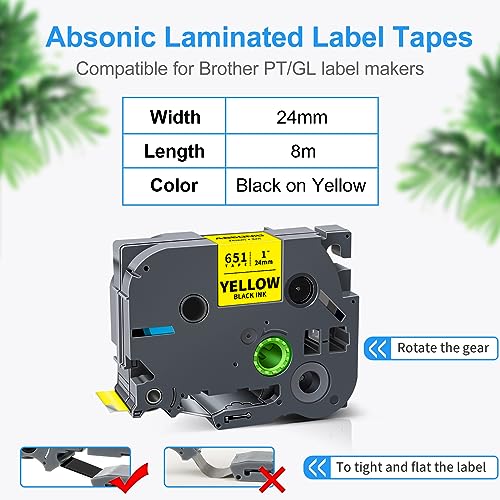 Absonic 24mm Yellow Tze Label Tape Compatible for Brother TZe-651 Tze651 0.94" Black on Yellow Tz Laminated Tape for Ptouch Label Maker PTD610BT PTD600 PTP750W PTP710BT E550WVP 2730VP 2430PC, 3 Pack - color: Black on Yellow