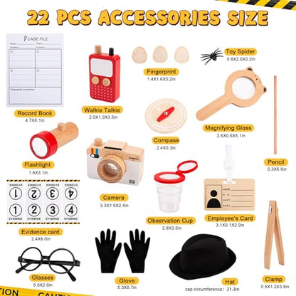 Spy Kit for Kids Detective Outfit Fingerprint Toys for 5 6 7 8 9 10 Year Old with Hat,Wooden Magnifying Glass and Detective Tools,Secret Agent Investigation Science Set,Spy Costumes for Kids 8-12