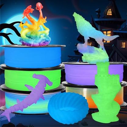 1.75mm PLA 3D Printer Filament Bundle: Glow in Dark Green, Blue, Purple, Rainbow, One Spool Clear Multi Colored Rainbow, Each Spool 250g, Total 1.25Kg 3D Printing Filament, 250g x 5 Spools PLA