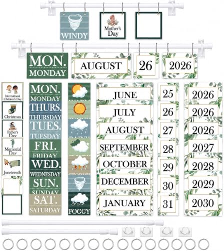 96 Cards Classroom Bulletin Board Decorations Set for Teachers,Flip Calendar with Holder for Classroom,Adjustable Calendar,Preschool Elementary Home Decor Supplies（Greenery） - style: Greenery