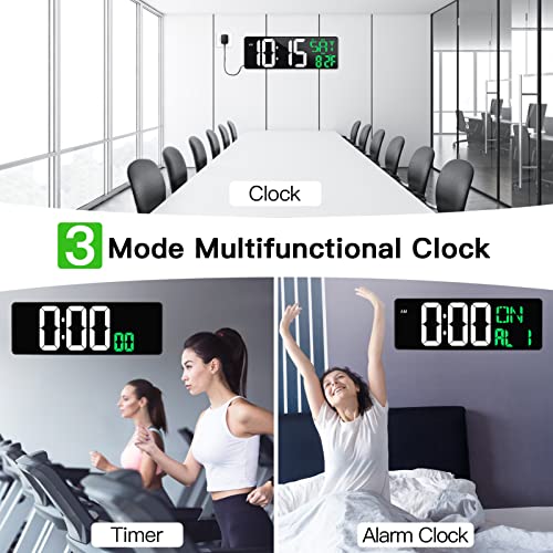 17" Large Digital Wall Clock with Remote, Auto Dimmer, Date Temp, Timer - color: Green + White