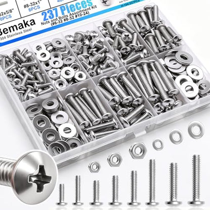 Nuts and Bolts Assortment Kit, 304 Stainless Steel Bolts 8 Sizes #6-32#8-32#10-24 Phillips Pan Head Machine Screws, Assorted Bolts, Nuts and Washers Kit (237PCS) - size: SS #6 #8 #10