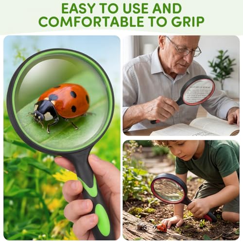 SenseYo 2 Pack 10X Handheld Magnifying Glass Large Reading Magnifier with Scratch Resistant Glass Lens for Kids Seniors Hobby Nature Exploration Scientific Activities (Green & Red) - color: Mixed 2 Pcs