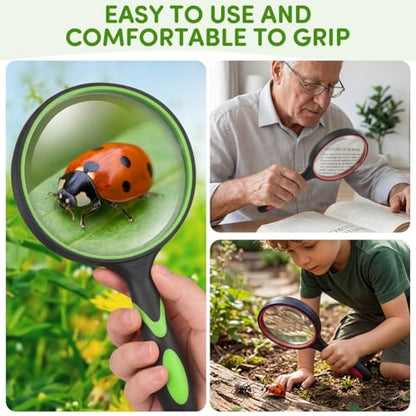 SenseYo 2 Pack 10X Handheld Magnifying Glass Large Reading Magnifier with Scratch Resistant Glass Lens for Kids Seniors Hobby Nature Exploration Scientific Activities (Green & Red) - color: Mixed 2 Pcs