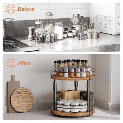 HOOBRO Lazy Susan Organizer Spice Rack, 2-Tier Height Adjustable Rotating Spice Organizer, for Kitchen Countertop and Cabinet, Rustic Brown BF05TL01 - color: Rustic Brown + Black