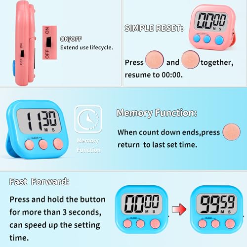 Timer for Kids Digital Kitchen Timers for Cooking- 2 Pack Blue Pink - color: Blue Pink