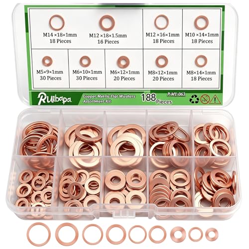 188 PCS Copper Crush Washer Metric Oil Drain Plug Assortment Kit Sealing Washers 9 Sizes（M5 M6 M8 M10 M12 M14） - size: 188PCS