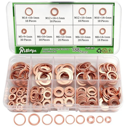 188 PCS Copper Crush Washer Metric Oil Drain Plug Assortment Kit Sealing Washers 9 Sizes（M5 M6 M8 M10 M12 M14） - size: 188PCS