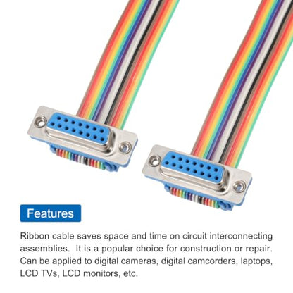 MECCANIXITY 4 Pcs IDC Rainbow Wire Flat Ribbon Cable DB15 Female to DB15 Female 19.7 Inch Length 2.54mm Pitch Breadboard Jumper Wires for Electronic Projects - size: 19.7 Inch, style: DB15 Female to DB15 Female