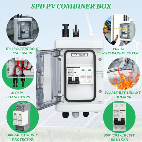 1 in 1 Out PV Combiner Box-Solar Combiner Box with 500V DC 20A Circuit Breaker and Surge Protector,IP65 Solar Disconnect Switch Box for Indoor Outdoor Solar Panel System - size: 1 In 1 Out 20A 500V