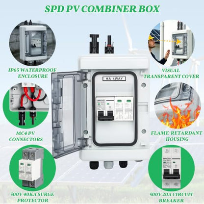 1 in 1 Out PV Combiner Box-Solar Combiner Box with 500V DC 20A Circuit Breaker and Surge Protector,IP65 Solar Disconnect Switch Box for Indoor Outdoor Solar Panel System - size: 1 In 1 Out 20A 500V