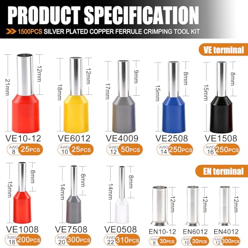 mankk 1500PCS Ferrule Crimping Tool Kit,Silver Plated Copper Crimp Terminal - color: 1501pcs