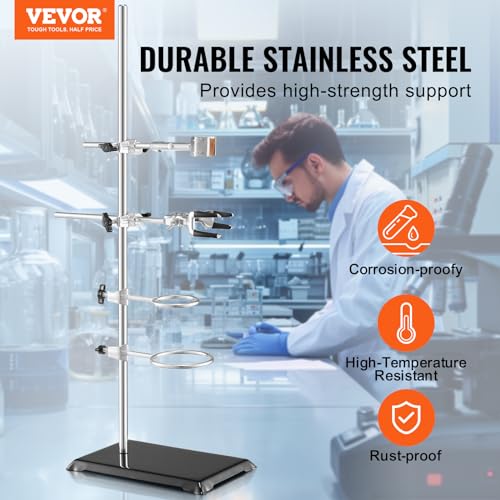 VEVOR Laboratory Support Stand Sets, Set of 2, Steel Lab Stand with 23.6 in Rod and 8.3 x 5.3 in Cast Iron Base, Includes Flask Clamps, Burette Clamps, and Cross Clamps