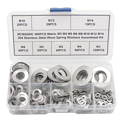 385PCS Metric M3 M4 M5 M6 M8 M10 M12 M14 304 Stainless Steel Wave Spring Washers Assortment Kit