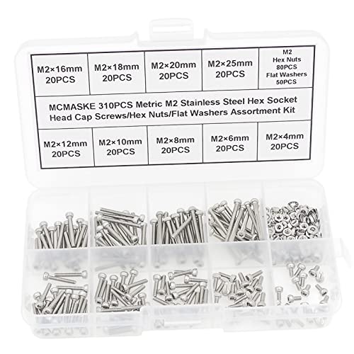 310PCS M2 304 SS Knurled Socket Head Cap Screws Nuts Washers Kit - size: M2