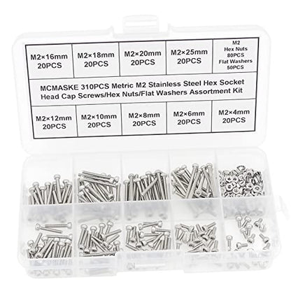310PCS M2 304 SS Knurled Socket Head Cap Screws Nuts Washers Kit - size: M2