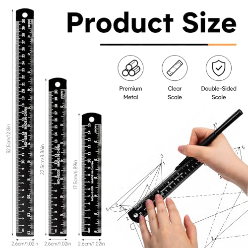 3-Pack Metal Ruler Set, 6 8 12 Inch Stainless Steel Ruler