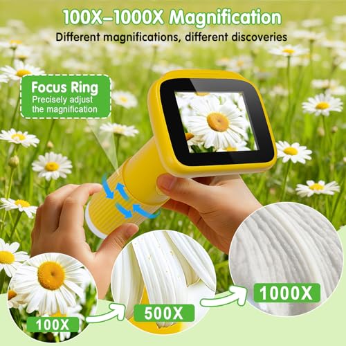 Microscope for Kids with 5 Slides, Adjustable 2.4inch IPS LCD Screen 1000X 1080P 32GB Card Digital Handheld Kids Microscope, Mini Portable Pocket Miniscope Science Toys Gifts for Boys Girls Aged 3-12 - color: Yellow