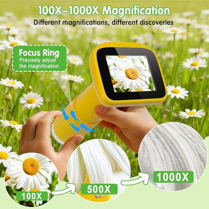 Microscope for Kids with 5 Slides, Adjustable 2.4inch IPS LCD Screen 1000X 1080P 32GB Card Digital Handheld Kids Microscope, Mini Portable Pocket Miniscope Science Toys Gifts for Boys Girls Aged 3-12 - color: Yellow