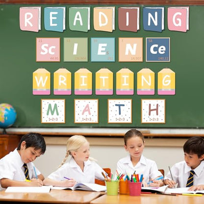 23 Pcs Core Subjects Bulletin Board Decorations Science Reading Math Writing Banner Reading Bulletin Board Poster Boho Subject Label Cutouts for Back to School Classroom Decoration Teacher Wall Decor