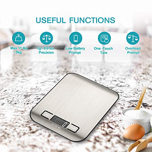Ultrean Food Scale, Digital Kitchen Scale with LCD Display, Weight Grams and Ounces for Baking Cooking and Meal Prep, 6 Units with Tare Function, 304 Stainless Steel, 11lb (Batteries Included) - size: Medium