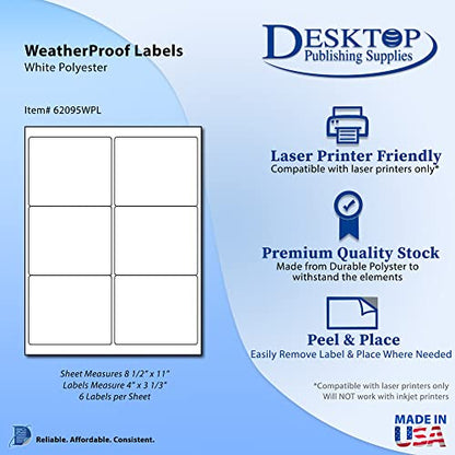 60 Printable Waterproof Labels - 4" x 3 1/3" - 10 Sheets (6 Per Page) - Blank Polyester Weatherproof Shipping/Address/Bottle Labels - for Laser Printers - size: 10 Sheets / 60 Labels