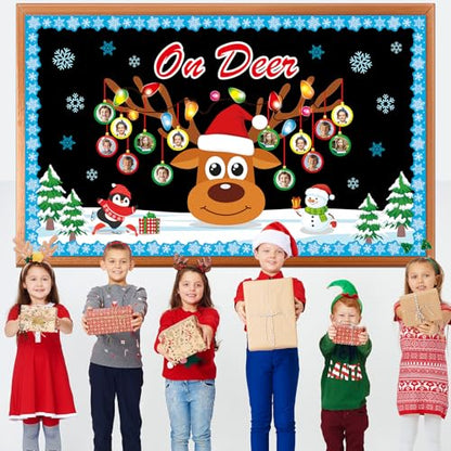 Christmas Reindeer Bulletin Board Set Winter Deer Bulb Classroom Decoration Xmas Large Elk DIY Photo Crafts Cutouts Snowflakes Bulletin Board Border for Holiday Party Classroom Wall Decor - style: Christmas Reindeer