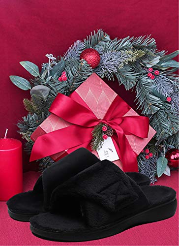 SOLLBEAM Women's Plantar Fasciitis Fuzzy House Orthopedic Adjustable Slippers With Arch Support Orthotic Heel Cup Sandals For Ladies - color: Black, size: 6