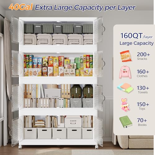 480QT Extra Large Stackable Storage Bins with Lid, 120Gal Plastic Closet Organizers and Storage Drawer, Collapsible Cabinet Box with Wheels Clear Doors for Home Kitchen Office, 3Pack White - size: 160QT