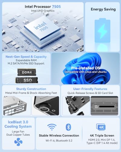 GEEKOM Air12 Mini PC, Intel 7505(Beats N5095), 8GB Dual-Slot RAM, 256GB SSD - color: Black