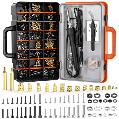 Preciva Threaded Inserts Set, 750Pcs Heat Set Inserts Nuts Bolts with M2 M3 M4 M5 M6 Insert-Tip, 60W Soldering Iron, Tweezer and Holder, for 3D Printer Parts or Plastic Parts - size: M2-M6