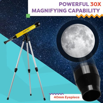 Telescope for Kids with Tripod - 40mm Beginner Optical Viewer with Adjustable Stand and 30x Magnification for Science and Astronomy by Hey Play