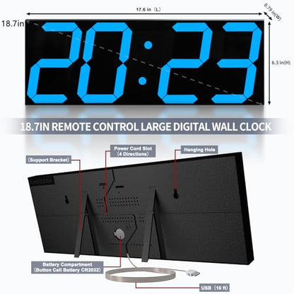 CHKOSDA 18.7in Large Digital Wall Clock,LED Digital Clock with Big Number,Multi-Function Remote Controlled Wall Clock with Timer, Alarm and Calendar Display(Blue) - color: Blue
