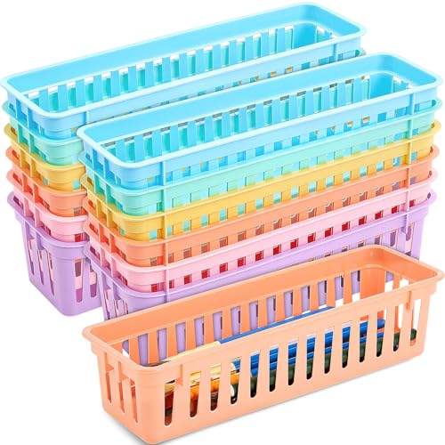 Domensi 12 Pack Slim Plastic Storage Basket Tray Organizer, Vivid Colors - color: Vivid Colors