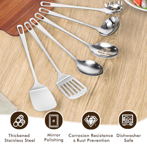 9 Pcs Cooking Utensils Set, Stainless Steel Kitchen Utensils, Heat Resistant Metal Kitchen Tools Include Solid & Slotted Turner Wok Spatula, Serving Spoon, Ladle, Pasta Server, Meat Fork, Tongs Silver - color: E. 9 Pieces