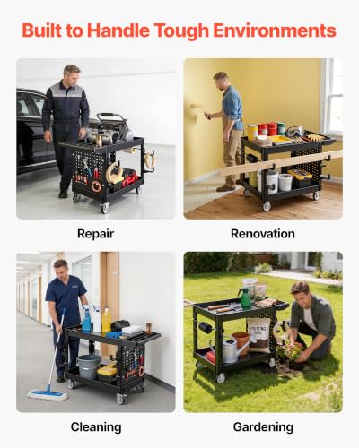 VEVOR Utility Cart with Tray & Pegboard, 44.8 x 24in 2 Tier Service Cart with 360° Swivel & Fixed Wheels (2 Brakes), 550 LBS Work Cart Tub Storage W/Deep Shelves, Tool Storage for Garage Warehouse - size: 44.8 × 24 × 33 in